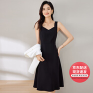 凡琴方領(lǐng)無袖吊帶裙女春季顯瘦有內(nèi)襯方領(lǐng)中長款連衣裙 黑色 S 