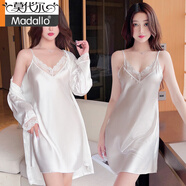 莫代爾品牌冰絲睡衣女夏性感吊帶短袖兩件套睡裙春秋薄款睡袍家居服套裝 SYG-2052蕾絲兩件套白色 M
