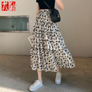 莜仙格夏季碎花雪紡百褶高腰半身裙子女夏季2024新款小個(gè)子a字半裙長(zhǎng)裙 杏色 S 建議 80-95斤
