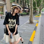 伊琦蕾（YIQILEI）時(shí)尚拼接魚(yú)尾連衣裙女夏季2025新款設計感寬松黑色字母印花T恤裙 黑色 S 【建議90斤以下】