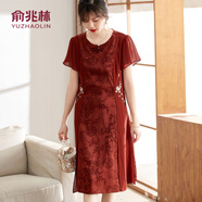 俞兆林（YUZHAOLIN）媽媽夏裝短袖連衣裙中老年女裝2024新款夏季新中式雪紡裙子 酒紅 3XL (建議115-130斤)