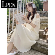 LPOX連衣裙女夏季鏤空露肩掛脖寬松慵懶風(fēng)泡泡袖雪紡裙子氣質(zhì)甜美娃 L -125