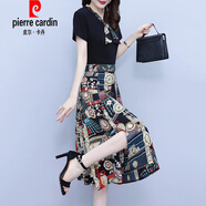 皮爾卡丹（pierre cardin）歐貨休閑純棉灰色短袖t恤女正肩寬松慵懶風時尚印花百搭顯瘦上衣 黑色 L
