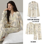 雅鹿帶胸墊睡衣女秋長袖純棉開衫卡通可愛和服全棉秋冬家居服套裝韓式 HMF-8H5050 L 女【95-115斤】