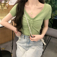 榮西圖純色抽褶綁帶針織衫女韓版修身短款領(lǐng)上衣 綠色 均碼 彈力均碼(建議75-120斤)