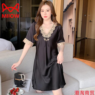 貓人（MiiOW）真絲睡衣女士夏天連衣裙桑蠶絲睡裙女性感蕾絲涼感薄款大碼家居服 黑色睡裙女 XL 170