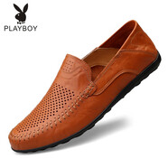 花花公子（PLAYBOY PHYSICAL）夏季2024新款豆豆鞋男士真皮休閑皮鞋男鞋透氣韓版軟底懶人鞋子 8008紅棕色透氣款 37 標(biāo)準(zhǔn)皮鞋碼