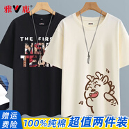 雅鹿短袖T恤男純棉圓領(lǐng)寬松韓版潮流青少年休閑半袖體恤夏季男裝上衣 黑/籃球少年-淺米/唱歌龍 XL （重140-150斤高170-175）