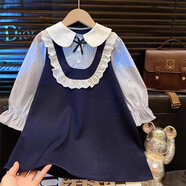 HUALIN FASHION學院風女童泡泡袖連衣裙甜美假兩件長袖裙子 藍色假兩件襯衫連衣裙 170 吊牌90適合90cm