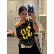 美式辣妹迷彩斜肩短袖T恤女夏季大碼胖mm設計感遮肚顯瘦露肩上衣 綠色 S