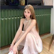 貞喜氣法式奶系掛脖連衣裙長裙顯瘦裙子珍珠夏季新款甜美氣質(zhì)露肩裙子 淡粉色 L