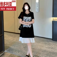 維多利亞的格調(diào)大碼女裝夏季新款短袖拼接蕾絲連衣裙法式設(shè)計感胖mm收腰顯瘦裙子 圖片色短款【高品質(zhì)】 M 【建議80-100斤】