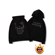 魯雅爾 日系慵懶風(fēng)kitty貓連帽衛衣女秋冬季加絨保暖上衣服復古寬松外套 黑色加絨 M 【建議80斤到100斤】