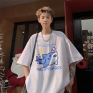 普戈斯（PUGESI）童趣鯊魚印花短袖T恤男夏季美式潮牌潮流寬松青少年圓領(lǐng)半袖衣服 白色 S85斤至100斤可穿 均碼
