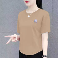美莎尼純棉短袖夏季t恤女爆款女裝洋氣小衫潮流小清新印花大碼減齡上衣 咖色【幽蘭花肩】 3XL 建議138-150斤