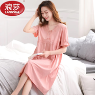 浪莎（LangSha）睡裙女夏季莫代爾女款睡衣夏天女士中年媽媽冰絲薄款夏款連衣裙 DKA:62252柚紅 M 160