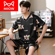 貓人（MiiOW）2025新款睡衣男士夏季短袖仿真絲休閑簡約大碼家居服冰絲薄款套裝 兩只小熊# 2XL 【適合130-150斤左右】