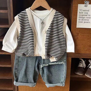 HUALIN FASHION男女童寶寶秋裝套裝2025韓版兒童單件春秋馬甲新款小童洋氣三件套 條紋馬甲+米白T恤+牛仔褲子 三件 80 cm 正碼的