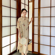 慕兮雅（MUXIYA）2025夏季新中式國(guó)風(fēng)改良五分袖薄款大碼寬松氣質(zhì)日常旗袍連衣裙 皎玉 (開衩旗袍) 2XL 裙長(zhǎng)135c 身高160以上