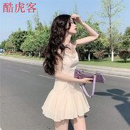 仙氣飄飄的裙子女2022夏裝氣質(zhì)修身顯瘦抽繩荷葉邊吊帶短裙蓬蓬學(xué)院風(fēng)連衣裙吊帶裙外穿小個(gè)子 杏色 L