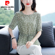 皮爾卡丹（pierre cardin）收腰雪紡上衣女短袖夏季新款媽M媽波點(diǎn)襯衫洋氣寬松遮肚子裙擺小 綠底圓點(diǎn)氣質(zhì)/減齡/時(shí)髦/顯瘦/中 M 建議90-110斤