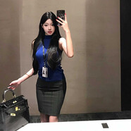 冉藝嵐方圓純欲針織半高領(lǐng)藍(lán)色無袖背心辣妹高腰豎條紋包臀半裙套裝 豎條紋半裙 S