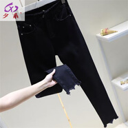 夕系白色高腰牛仔褲春秋韓版打底褲外穿顯瘦緊身彈力毛邊九分小腳褲子 黑色 25 (1尺8)