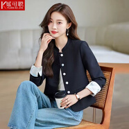 媛可職小西裝外套女2025新款春季韓版休閑百搭短款新中式國風西服上衣 單件黑色外套 S