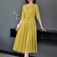 羅蒙夏裝2025新款高端棉麻連衣裙女夏季薄款大碼媽媽長(cháng)裙純色亞麻裙子 暖黃色 M 建議100-115斤