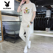 花花公子（PLAYBOY）冰絲棉T恤短袖夏季男裝2025新款潮流搭配帥氣休閑套裝衣服男一套 米白色 881#冰絲棉套裝 M 建議90-105斤