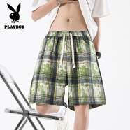 花花公子（PLAYBOY）2025夏季新款男士美式扎染格子短褲潮牌時(shí)尚寬松大碼五分褲男褲 星朗綠 XL