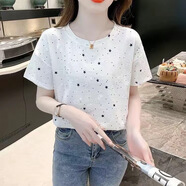 登森奧奧短袖t恤女2025夏季新款條紋印花寬松顯瘦半袖圓領(lǐng)上衣打底衫 白色小星星 XL 建議115-130斤