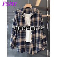 FSHE磨毛格子襯衫女2025春季新款洋氣寬松復古中長(cháng)款襯衣開(kāi)衫上衣外套 深藍色 XL