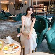 JVH香港潮牌掛脖吊帶連衣裙女 2025夏季新款寬松海邊度假百褶長裙子 杏色 XS