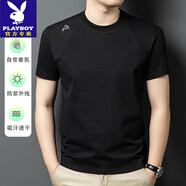 花花公子（PLAYBOY）夏季薄款冰絲百搭圓領(lǐng)短袖T恤男士速干運(yùn)動(dòng)休閑上衣寬松半袖體恤 黑色 M