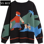 NY-RCE秋冬新款毛衣女圓領(lǐng)寬松套頭慵懶風(fēng)外穿長(zhǎng)袖針織衫復(fù)古上衣女裝 黑色 L 【110-120斤】