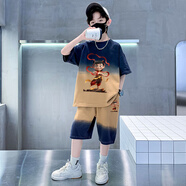 男童套裝夏季2025帥氣哪咤衣服男裝新款套裝 哪咤兒童服裝6-12歲 藏青色 薄款 1091#漸變青套裝 150 碼建議身高140-150cm 70-80斤