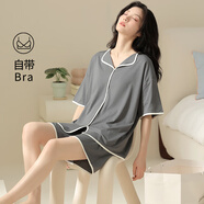 婉扣（WANKOU）帶胸墊性感睡衣女夏季綿綢2025新款輕奢高級感可外穿睡衣家居服女 高級灰 帶胸墊短袖短褲 L 【95斤-115斤】