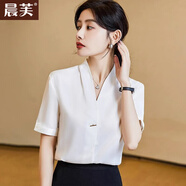 晨芙雪紡緞面襯衫女短袖夏季時(shí)尚氣質(zhì)V領(lǐng)襯衣寬松職業(yè)套裝前臺工作服 單件白色襯衫(短) XL 建議110-120斤