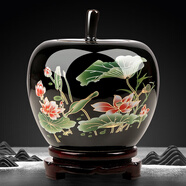 傲世景德鎮(zhèn)陶瓷器新中式花瓶工藝品客廳擺件酒柜玄關(guān)茶室博古架裝飾品 烏金釉清荷帶蓋平安果+底座