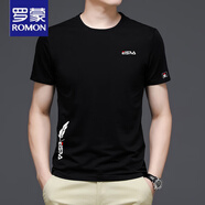 羅蒙（ROMON）短袖T恤男士純棉夏季新款體恤印花上衣服青年圓領(lǐng)棉T恤衫潮流男裝 小羽毛黑色 M 165/ 建議90-110斤