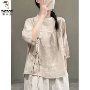 啄木鳥(niǎo)復古斜門(mén)襟亞麻襯衫女短袖夏季系帶寬松顯瘦上衣純色減齡棉麻小衫 香檳色 M 【95-115斤】