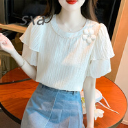 SXA香港潮牌雪紡短袖t恤2025夏季新款小個(gè)子寬松百搭荷葉邊打底小衫 米白色 S