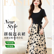 2025夏季新款方領(lǐng)拼接優(yōu)雅收腰顯瘦連衣裙女復(fù)古印花收腰長裙短袖 S