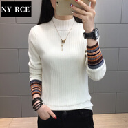 NY-RCE半高領(lǐng)加絨毛衣打底衫女新款秋冬女士加厚保暖修身內(nèi)搭針織衫 不加絨米白色(彩色袖) S
