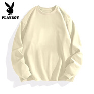 花花公子（PLAYBOY）t恤男女款新疆棉300g重磅純棉長袖寬松純白色上衣內(nèi)搭厚實打底衫 【400G重磅長袖】杏色 M 110-130斤