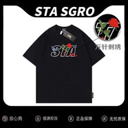 STA刺繡玫瑰花聯(lián)名蝶園短袖T恤男女同款寬松夏季潮牌情侶裝 玄黑色-萬(wàn)針刺繡【300G重磅純棉】 2XL 【官方旗艦正品】不起球 不褪色