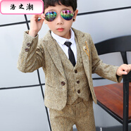 洛之潮男童春秋冬季兒童裝小西裝套裝韓版男童禮服主持人表演服兩三件套 卡其色西服褲子襯衫馬甲 四件套 100 9碼