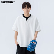 viishow日系簡約假兩件V領(lǐng)短袖T恤男夏新款休閑百搭情侶半袖體恤 白色 M