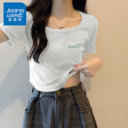 真維斯（JEANSWEST）t恤女士夏季2025新款方領(lǐng)短款緊身短袖女裝休閑時(shí)尚甜妹半袖上衣 淺花灰 快樂(lè)生活_K S 【修身顯瘦】